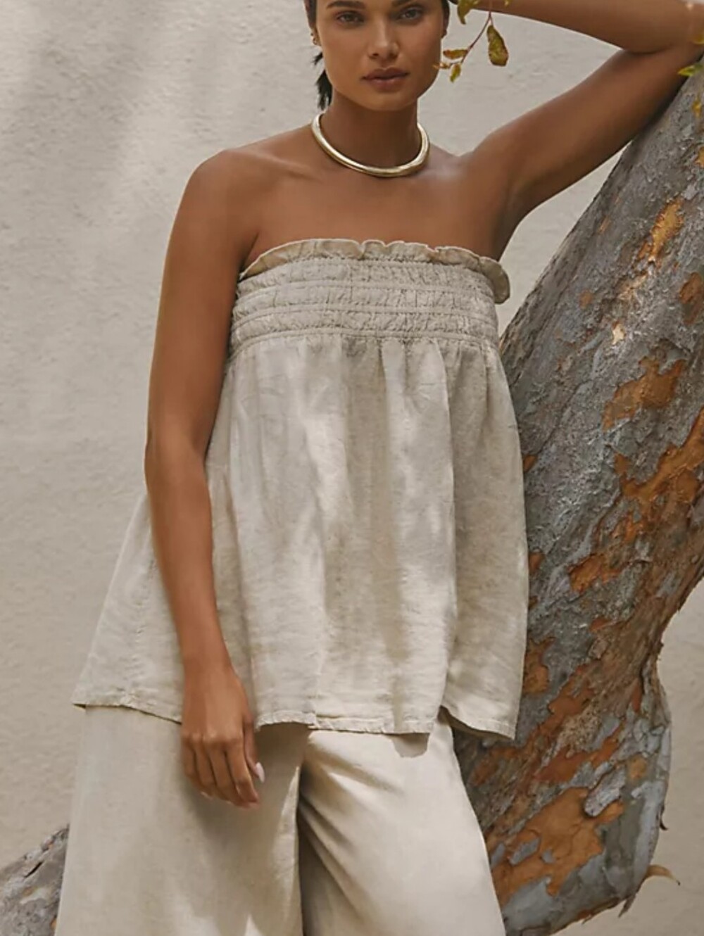 Anthropologie Celandine Linen Blend Strapless Smocked Top in Light Beige, Flax M